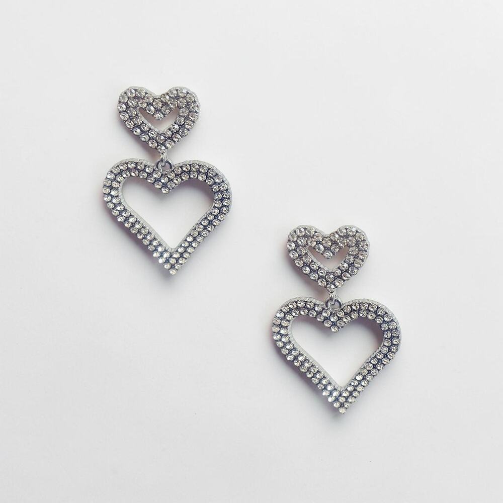 Silver Crystal Double Heart Dangle Earrings